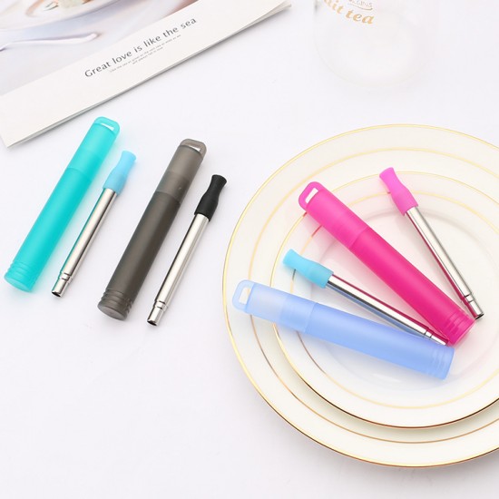 304 ensemble de paille télescopique en acier inoxydable paille pliable ensemble portable silicone bec paille fabricant en gros