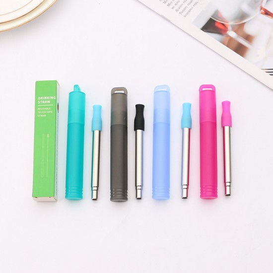 304 ensemble de paille télescopique en acier inoxydable paille pliable ensemble portable silicone bec paille fabricant en gros