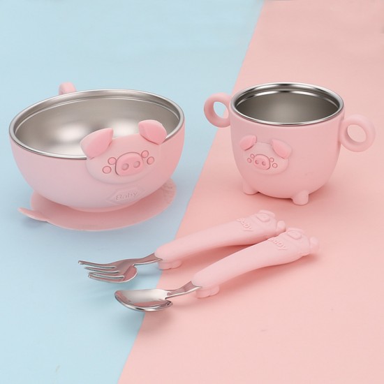 304 ustensiles en acier inoxydable pour enfants ustensiles en silicone cartoon piggy bol ventouses ensemble de vaisselle de bébé bol accessoire