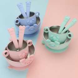 304 ustensiles en acier inoxydable pour enfants ustensiles en silicone cartoon piggy bol ventouses ensemble de vaisselle de bébé bol accessoire