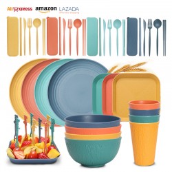 Amazonie commerce extérieur paille de blé vaisselle vaisselle et soucoupe set 8 personnes ménage bol de riz vaisselle tasse d’eau 32pcs set