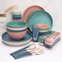 Amazone paille de blé bol tasse-assiette assiette à pâtes étudiant bol à soupe vaisselle portable couteaux fourchettes cuillère chopes paupiers paille set