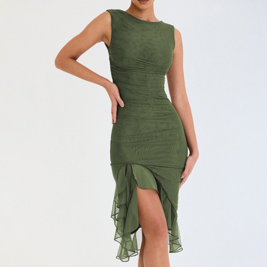 2025 cross-border summer new style fashionable net fabric tight-fitting pure color, elegant pleated, backless, sexy, slim, form-fitting, one-piece dress for women, wholesale at low prices.