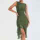 2025 cross-border summer new style fashionable net fabric tight-fitting pure color, elegant pleated, backless, sexy, slim, form-fitting, one-piece dress for women, wholesale at low prices.