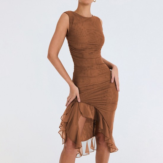 Export New European Style 2025 Elegant Open-Back Mesh Pure Color Patchwork Strappy Backless Shapely One-Piece Dress Wholesale