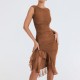 Export New European Style 2025 Elegant Open-Back Mesh Pure Color Patchwork Strappy Backless Shapely One-Piece Dress Wholesale