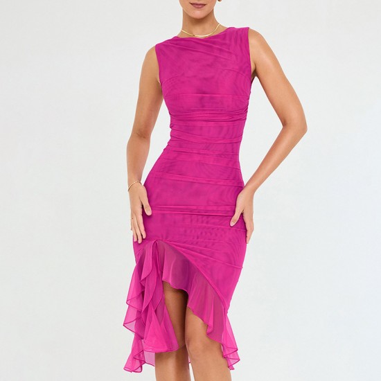 Export New European Style 2025 Elegant Open-Back Mesh Pure Color Patchwork Strappy Backless Shapely One-Piece Dress Wholesale