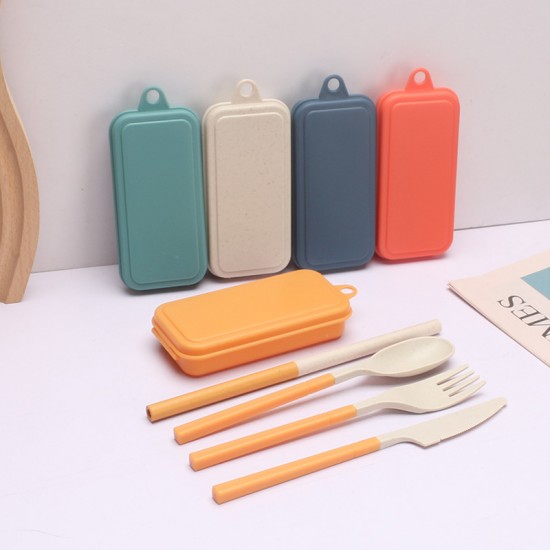 Paille de blé pliant ensemble de vaisselle créatif démontable fourchette cuillère baguettes deux morceaux paille vaisselle portable cadeau