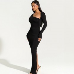 Wholesale cross-border European 2025 spring-summer new style women's elegant collar, backless, sexy, slit, tie, pure color, one-piece dress for women.