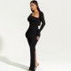 Wholesale cross-border European 2025 spring-summer new style women's elegant collar, backless, sexy, slit, tie, pure color, one-piece dress for women.