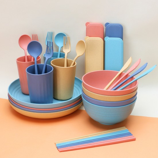 Crossover paille de blé bols tasses plateaux ensembles 32pcs couverts couteaux portables fourchettes cuillères baguettes student cutter set cadeaux
