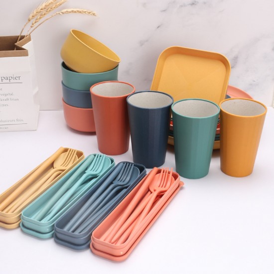 Paille de blé bols tasses soucoupes ensembles de plats plats plats maison tasses à boire bicolore couteaux portatifs fourchettes cuillères chopes resto ensembles de couverts cadeaux