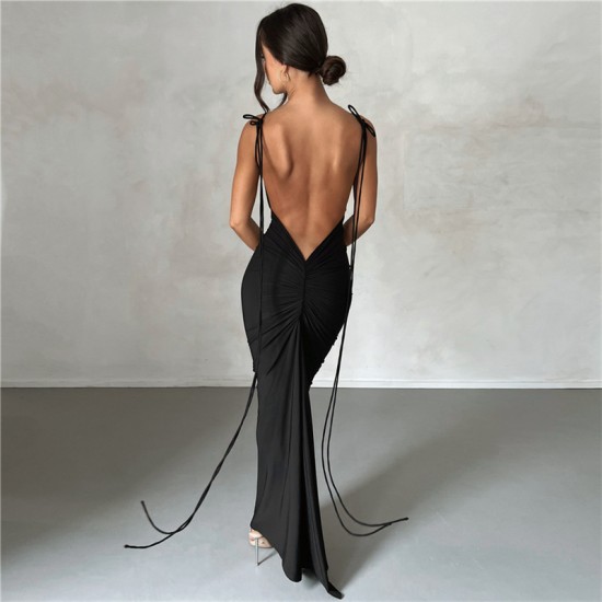 2025 Amazon cross-border summer women's fashionable dress, elegant cut-out, square-neck, slit, long-sleeved, pure color, one-piece dress for women.