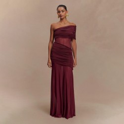 2025 best-selling European style women's summer fashionable single-shoulder frilled solid color fitted dress for women wholesale