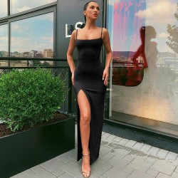 In Stock Cross-border Foreign Summer Women's Fashion Open-Back Transparent Solid Color Tight Sleeve Shaping Dress