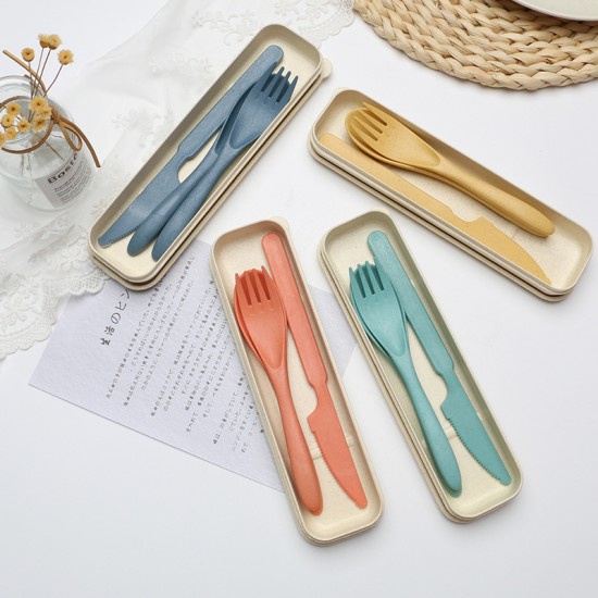 Amazon paille de blé couteau fourche cuillère ensemble de trois pièces étudiant extérieur voyage portable ensemble de vaisselle cadeau