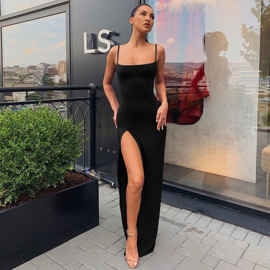 In Stock Cross-border Foreign Summer Women's Fashion Open-Back Transparent Solid Color Tight Sleeve Shaping Dress