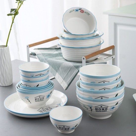 Fleurs pleines jardin haute température sous glaze couleur petit rafraîchissant maison céramique bol plat manger riz bol plat combinaison vaisselle en gros