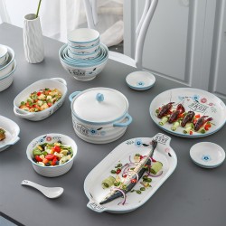 Fleurs pleines jardin haute température sous glaze couleur petit rafraîchissant maison céramique bol plat manger riz bol plat combinaison vaisselle en gros