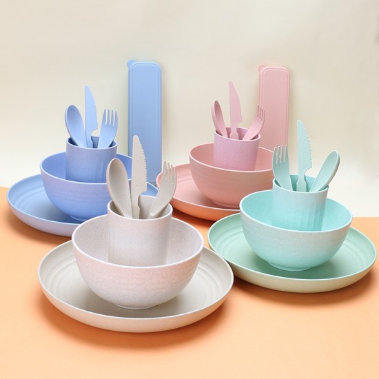 Amazone paille de blé bols tasses plats couteaux fourchettes cuillères fruits fourchettes ensemble plat à pâtes maison portable vaisselle cadeaux