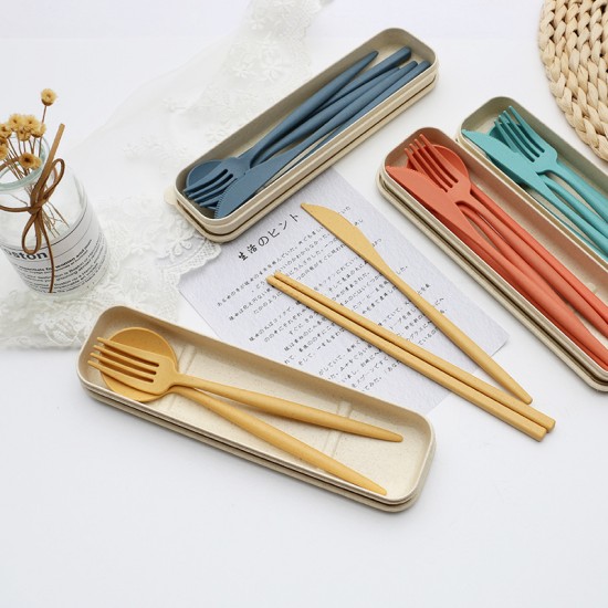 Paille de blé portable portugais couteau fourche cuillère chopin chopin ensemble de couverts cuillère fourche boîte de rangement étudiant ensemble cadeau
