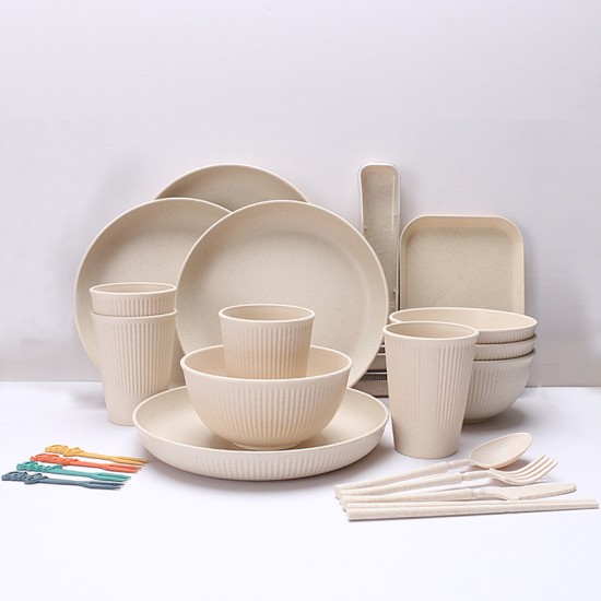 Amazon beige paille de blé saladier tasses plats plats tatouage vertical portatif couteaux fourchettes cuillère paupiers couverts ensemble cadeau