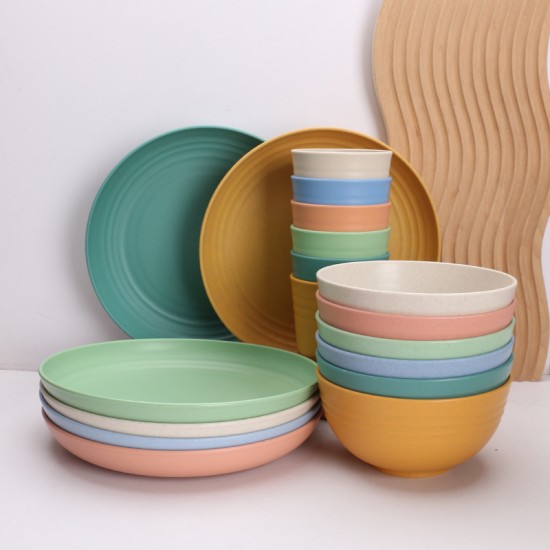 Commerce extérieur vente chaude de paille de blé plat bol coupe 32 pièces ensemble de 8 personnes vaisselle vaisselle en plastique créatif plat et bol ensemble de ménage