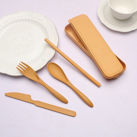Crossover paille de blé portable ensemble de vaisselle épaissie couteau fourche cuillère deux parties paille étudiant extérieur vaisselle cadeau