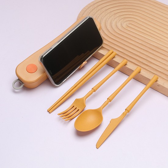 Creative spinner box paille de blé couteaux fourchettes cuillères baguettes ensemble de vaisselle portable étudiant ensemble de vaisselle de voyage extérieur