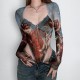 Fulfillment European cross-border autumn women's retro print personality top net fabric sexy long sleeve one-piece for women