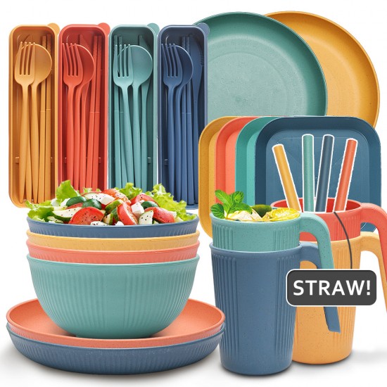 Amazone bols de paille de blé tasses et assiettes ensemble à grains verticaux maison saladier tasses et soucoupes couteaux portatifs fourchettes cuillère chopes chopes chopes