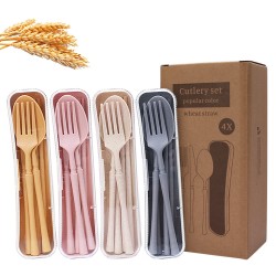 Paille de blé couverts 4 pièces set étudiant employé de bureau voyage extérieur portable couteaux fourchettes cuillères baguettes cadeaux