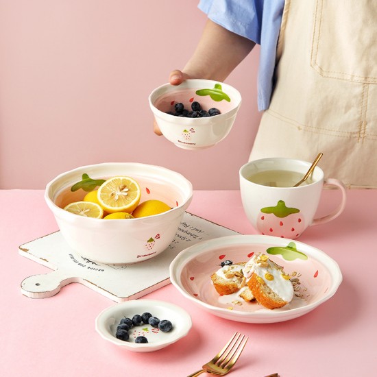 Vaisselle en céramique mignon girly heart bols fraise bols en céramique net assiettes enfants bols soupe bols assiette clear fresh air