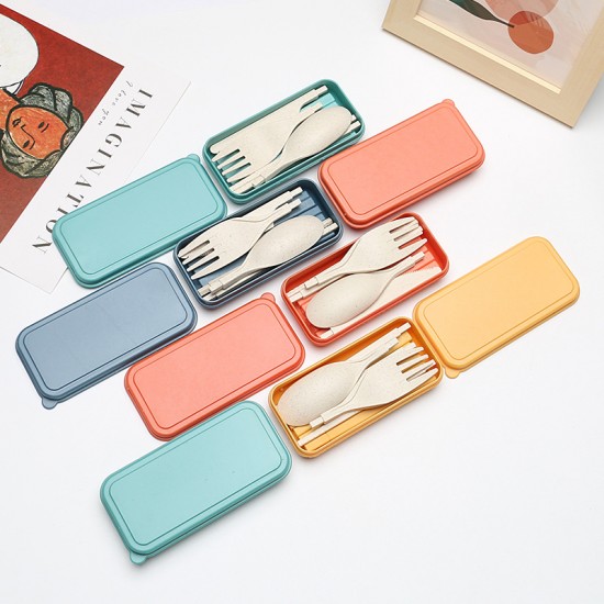Paille de blé pliable boîte à couverts portable couteau de voyage d’extérieur fourchette cuillère chopsticks ensemble de couverts amovibles ensemble de 4 pièces