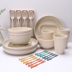 Amazon beige paille de blé saladier tasses plats plats tatouage vertical portatif couteaux fourchettes cuillère paupiers couverts ensemble cadeau