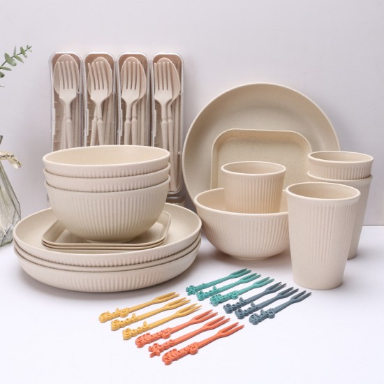 Amazon beige paille de blé saladier tasses plats plats tatouage vertical portatif couteaux fourchettes cuillère paupiers couverts ensemble cadeau
