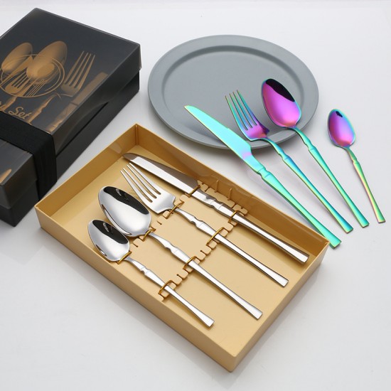 Transfrontalier en acier inoxydable petite taille brute vaisselle steak couteau et fourchette cuillère à café ensemble de quatre pièces boîte cadeau accueil