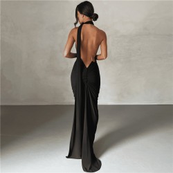 In Stock 2025 Cross-border Women's Clothing Fashion Sexy Slim Fit Backless Openwork Knitted Tunic with Elegant Style Long Sleeve One-Piece Dress for Wholesale