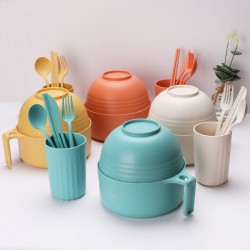 Paille de blé bol à pâte cuillère coupe coupe fourche cuillère resto ensemble dortoir étudiant portable bol de riz avec couverts avec couvercle soupe bol