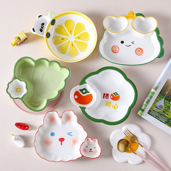 Assiette à ravioli japonaise avec assiette de vinaigre en céramique créative belle assiette à ravioli spéciale assiette à compartiments fine plaque de petit déjeuner de dessin animé
