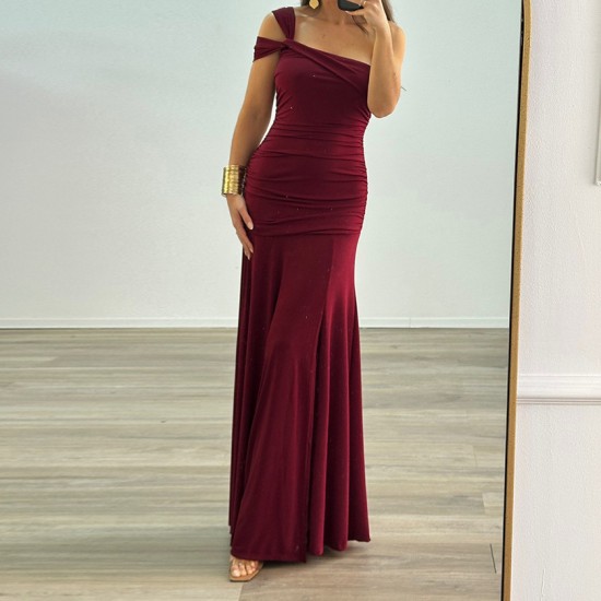 European and American cross-border 2025 summer fashionable elegant solid frill pleated single-shoulder backless dress for women wholesale