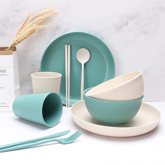 Cross-border grain vertical paille de blé bols tasses et assiettes ensemble maison manger portable couteaux fourchettes cuillères baguettes couple cadeaux vaisselle
