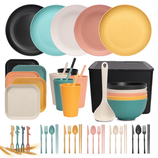 Crossover paille de blé bols tasses assiettes soucoupes ensemble en plastique couverts plats plats plats tasses à boire ensemble cadeau