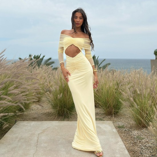 Newly launched European and American style 2025 trendy open net fabric pure-color patching bare-chest long-sleeved fitted dress wholesale