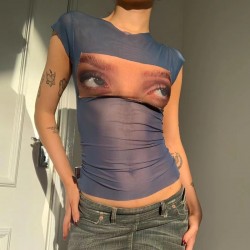 Fulfillment summer original street style retro bf short-sleeved sexy hot girl net fabric sheer T-shirt women's fitted Korean-style ins top