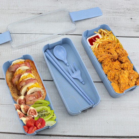 Transfrontalier style japonais tige de blé boîte bento vaisselle portable boîte de picnic étudiant démontable cuillère et fourche pauchiers boîte à lunch à trois niveaux