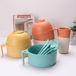 Paille de blé bol à pâte cuillère coupe coupe fourche cuillère resto ensemble dortoir étudiant portable bol de riz avec couverts avec couvercle soupe bol