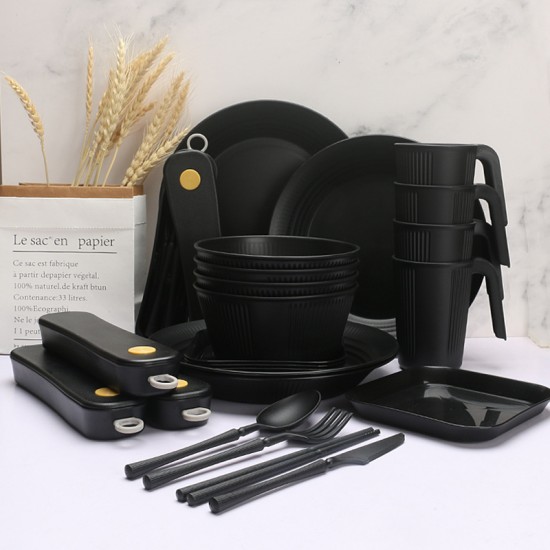 Transfrontalier noir grain vertical paille de blé bol tasses plats et soucoupes ensemble de vaisselle portable bol à céréales plat à pâtes