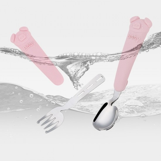 304 acier inoxydable enfants cuillère et fourchette set silicone apprentissage cuillère et fourchette bébé creative piggy portable vaisselle cadeaux
