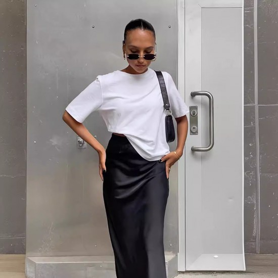 European cross-border 2025 autumn new versatile half-length satin fitted women's elegant casual color mackerel tail skirt for wholesale